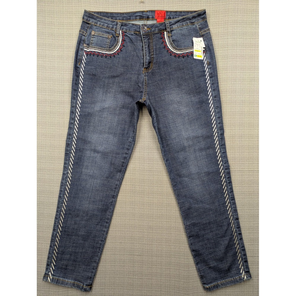 V Cristina Jeans Womens 14 Blue High Rise Embroidered Straight Leg Stretch Denim